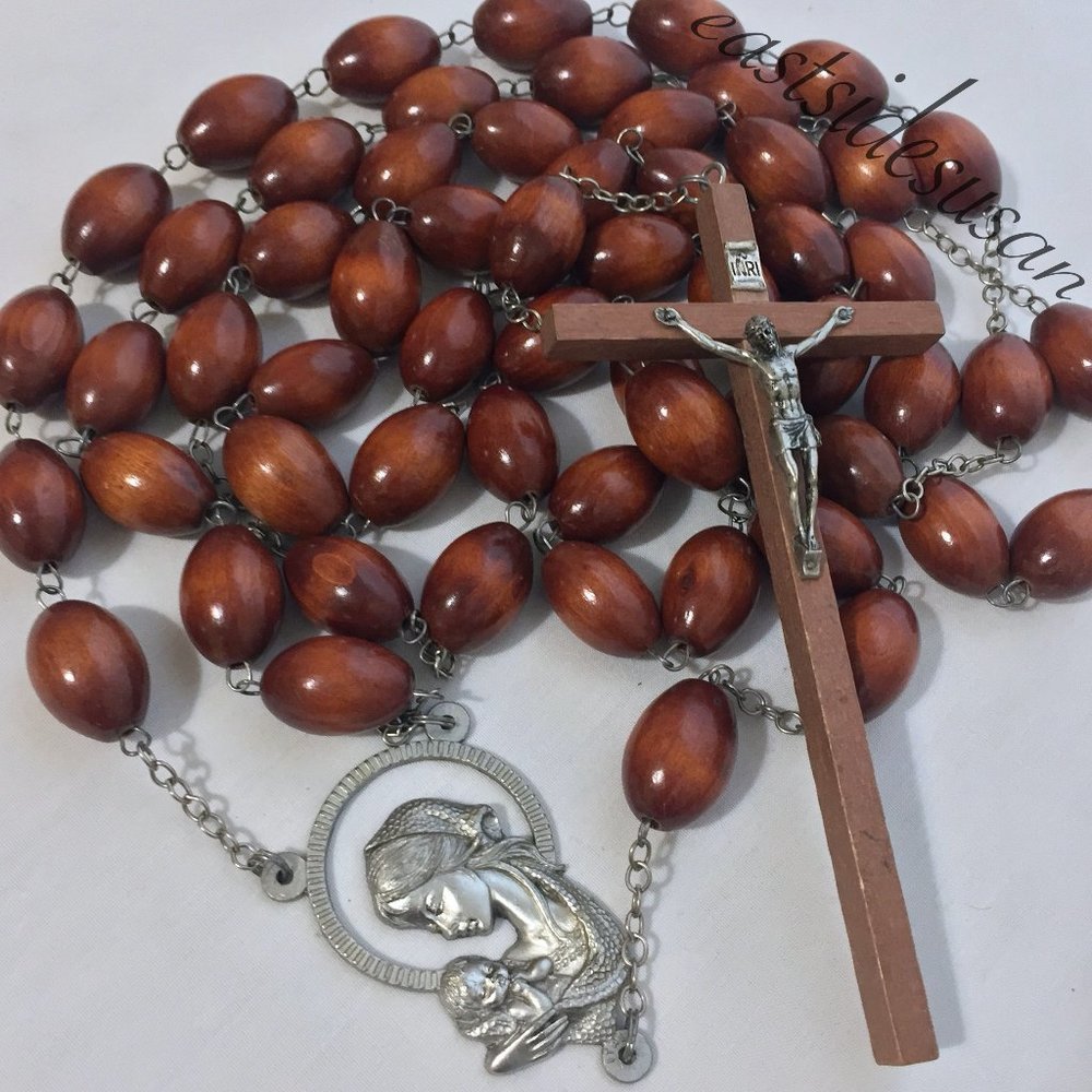 VTG MCM Italian GIANT 6 ft ROSARY BEADS  Wood & Metal - Excellent Cond! 🙏🏻